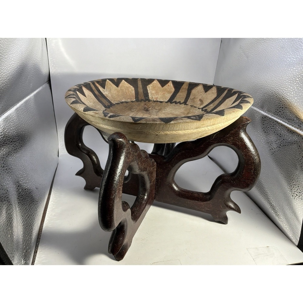 2 Pice Wood Interlocking Stand With Wood Bowl With Geometric Design